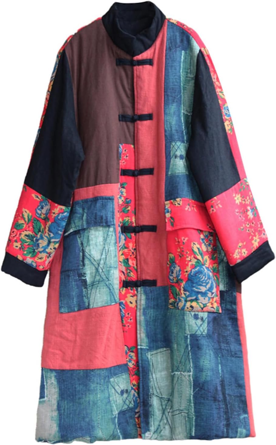 Women's Quilted Windbreaker Stand Collar Long Jacket Printed Retro Patch Coat - Image 7