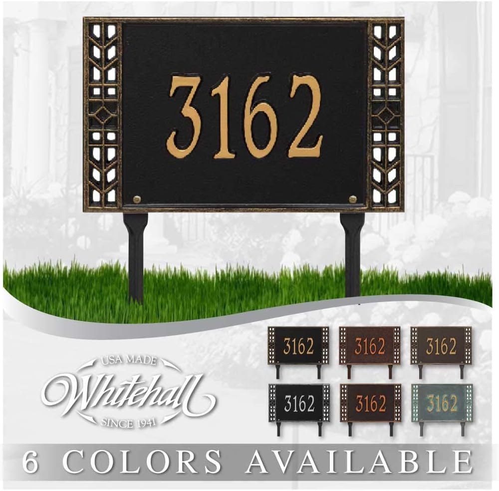 Whitehall™ Personalized Cast Metal Address plaque - LAWN MOUNTED BOSTON Plaque. Made in the USA. BEWARE OF IMPORT IMITATIONS. Display your address and street name. Custom house number sign.