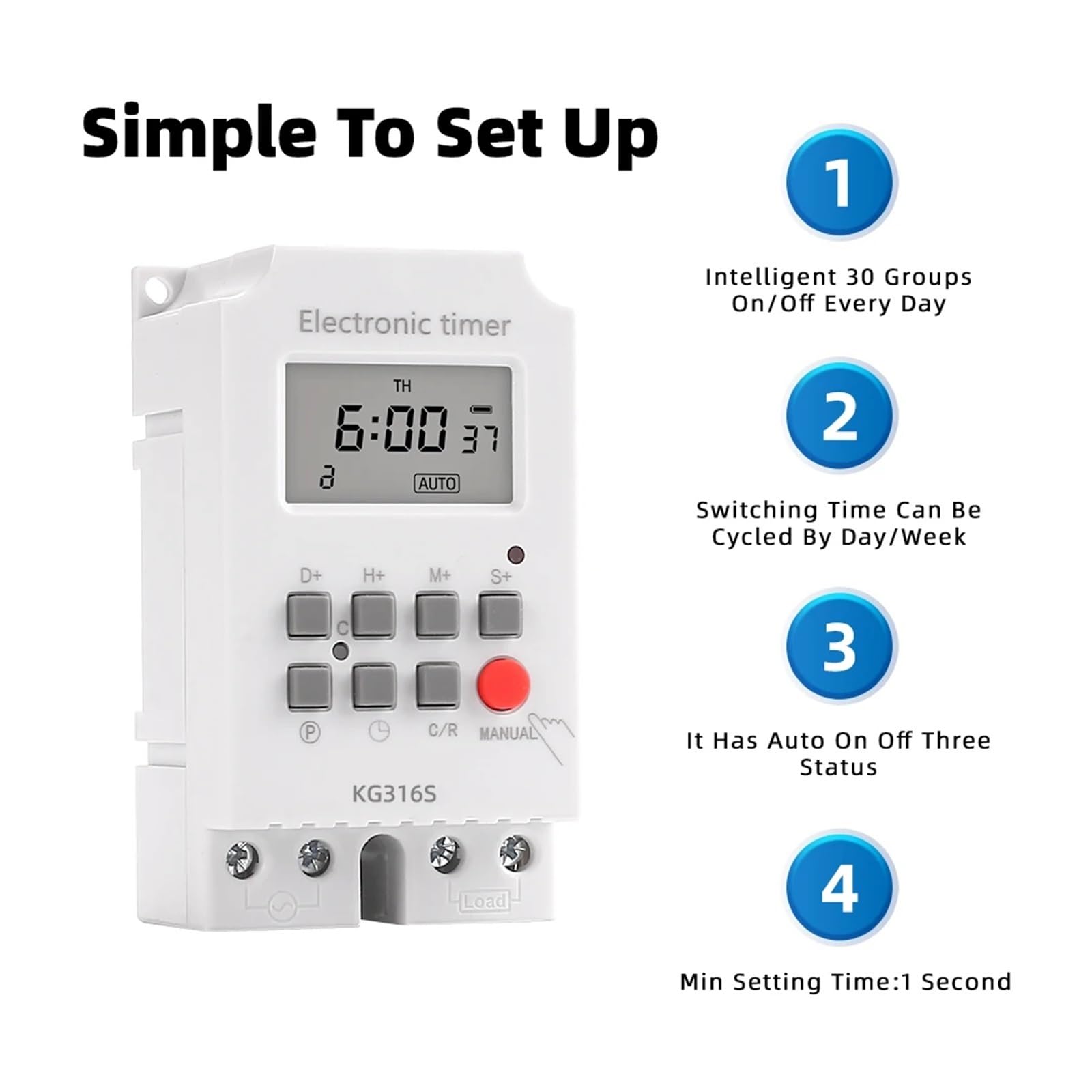 Timer elettronico Digitale settimanale for Illuminazione 25A AC 220V, 7 Giorni programmabile Interruttore TEMPORIZZATO Intervallo relè 1 Secondo Carico Elevato