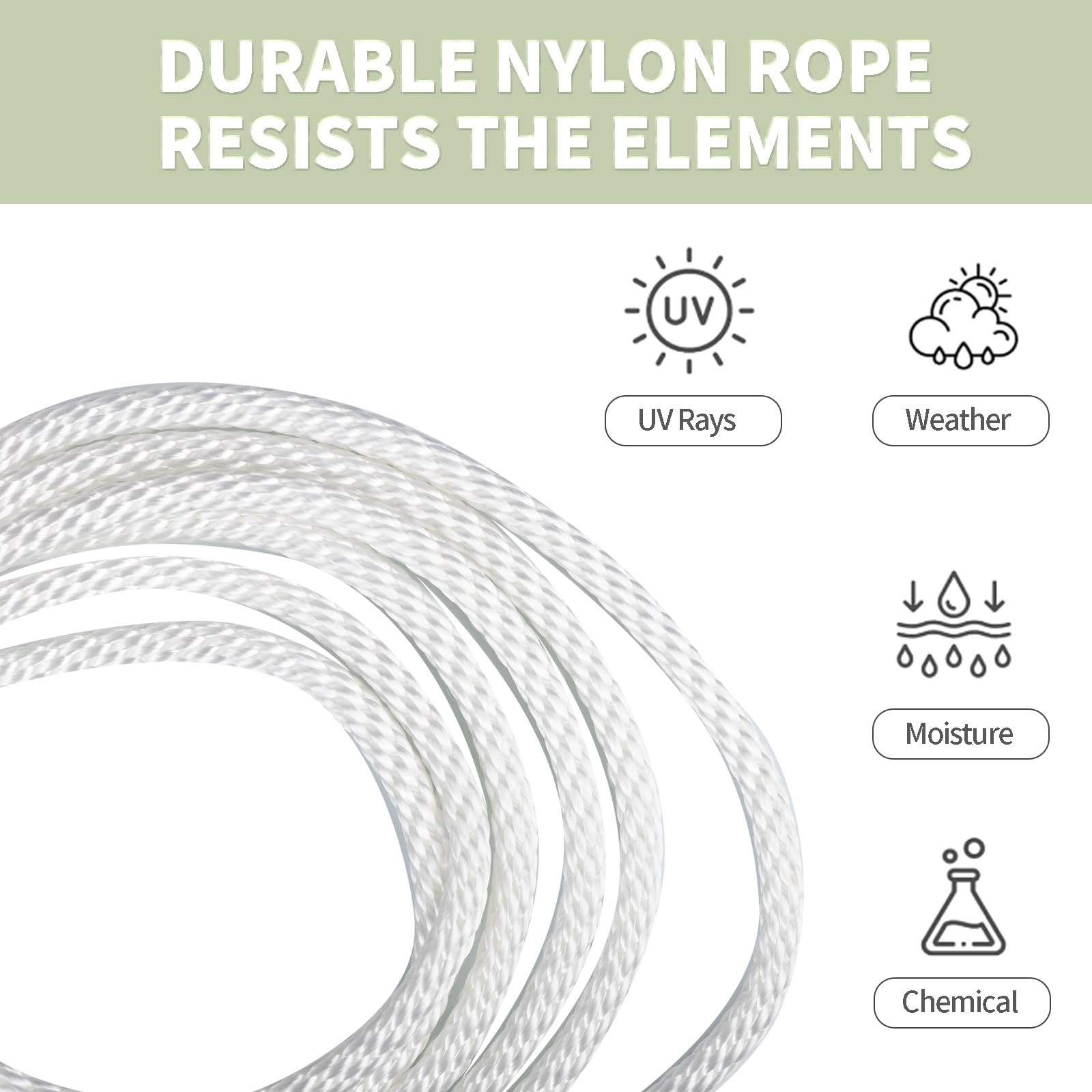 Weißes Nylonseil, hohe UV- und Abriebfestigkeit, Mehrzweck-Seil, dicht geflochtenes Seil, 1,6 cm Spule (1,6 cm), 6,5 m Spule, solides Geflecht, Industriequalität, geringe Dehnung, Fahnenmast