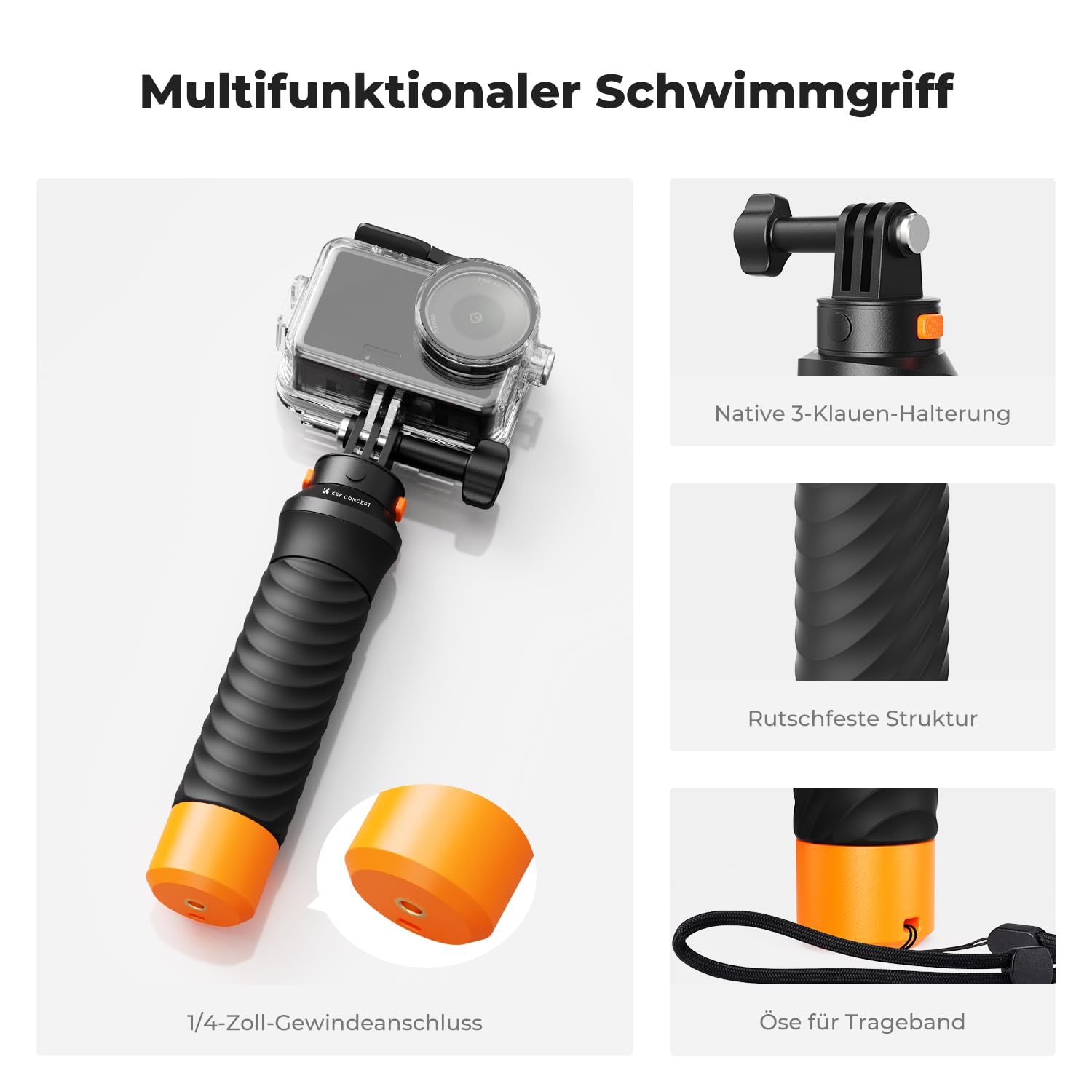 K&F CONCEPT 60 M/196 FT Wasserdichtes Gehäuse mit Schwimmendem Griff für DJI Osmo Action 6, Unterwassergehäuse mit Blitzschuhhalterung, Antibeschlagfolie Wasserresistente Tauchen Schutzhülle