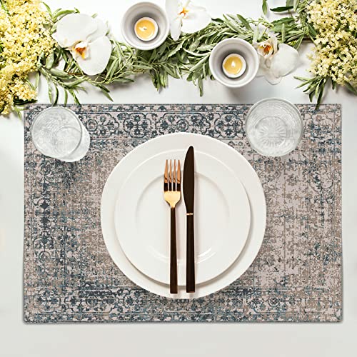 Image of Grey Brown Ethnic Boho Placemats Set of 6 Bohemian Carpet Vintage Gray Linen Washable Kitchen Dining Table Mats Stain Heat-Resistant Desktop Decor Place Mats for Home Party Indoor 12x18 in