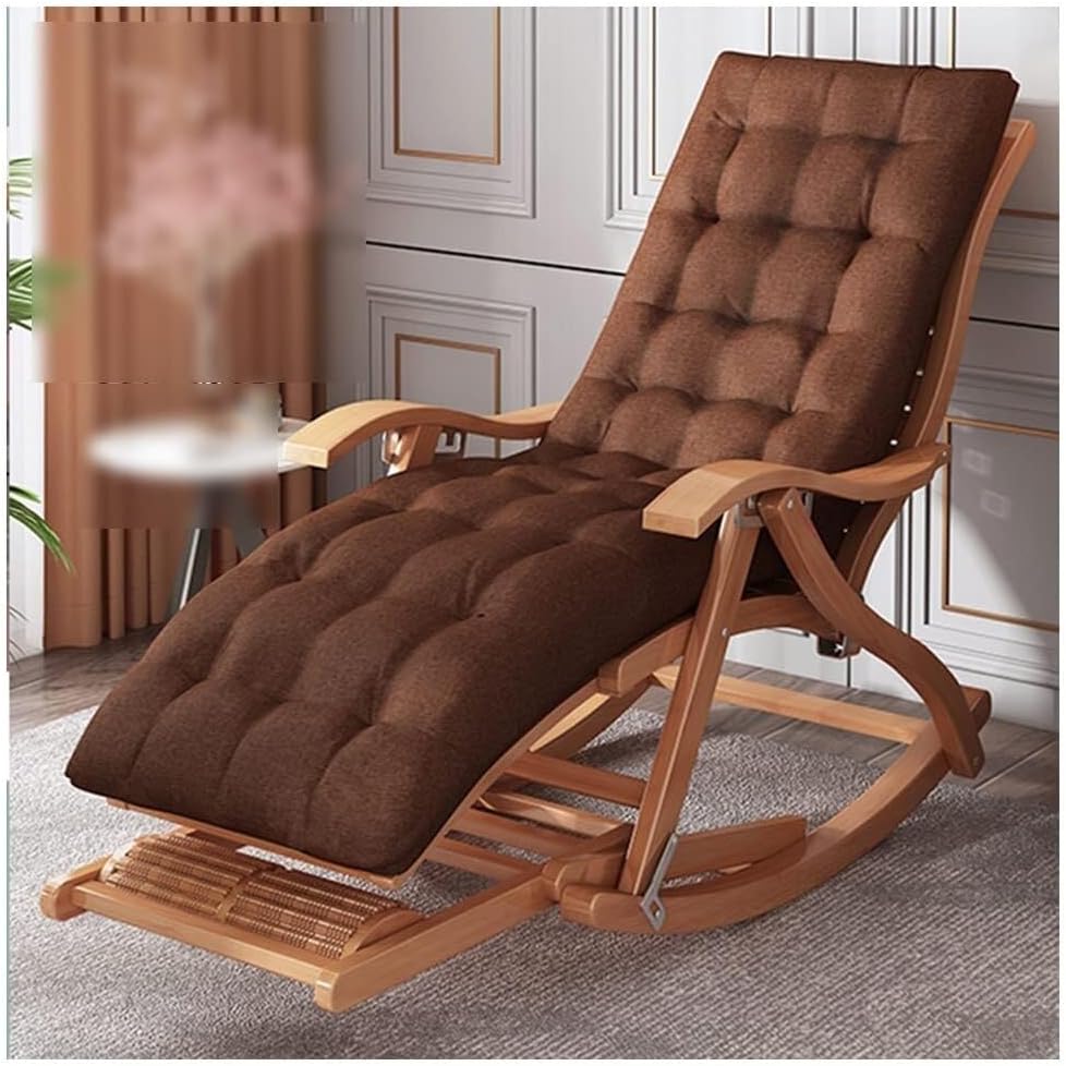 Rocking Chair Outdoor, Wooden Chaise Lounge Indoor with 5-Position Adjustable Back, Footrest & Foot Massage, Portable Folding Recliner for Balcony, Patio, Living Room