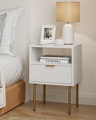 Miniatura 8 de Mesita de noche, mesita de noche pequeña con marco dorado, mesita de noche blanca, muebles de noche, mesa auxiliar con cajón y estante para