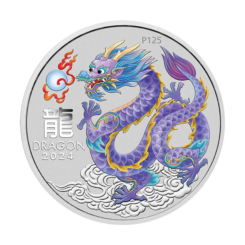 Generisch 1 Unze Silbermünze Australien Lunar III Drache 2024-1 Oz Silver Coin BU Color Silber Rot Gelb Blau Lila Weiß (Lilac)