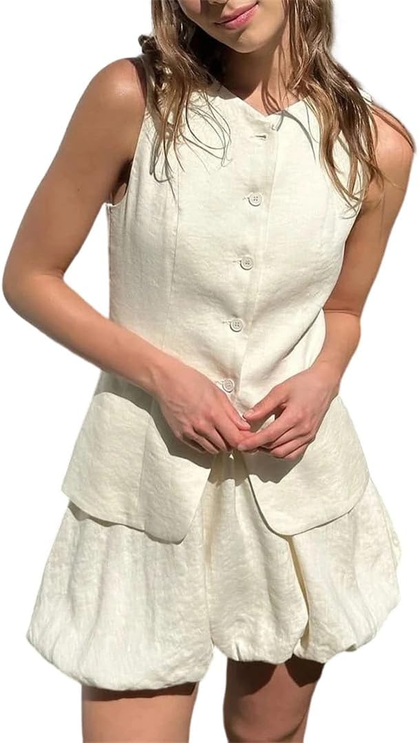 Women's Cotton Casual Two Piece Set Sleeveless Tank Top Vest And Loose Mini Skirt Commuter Summer Suit