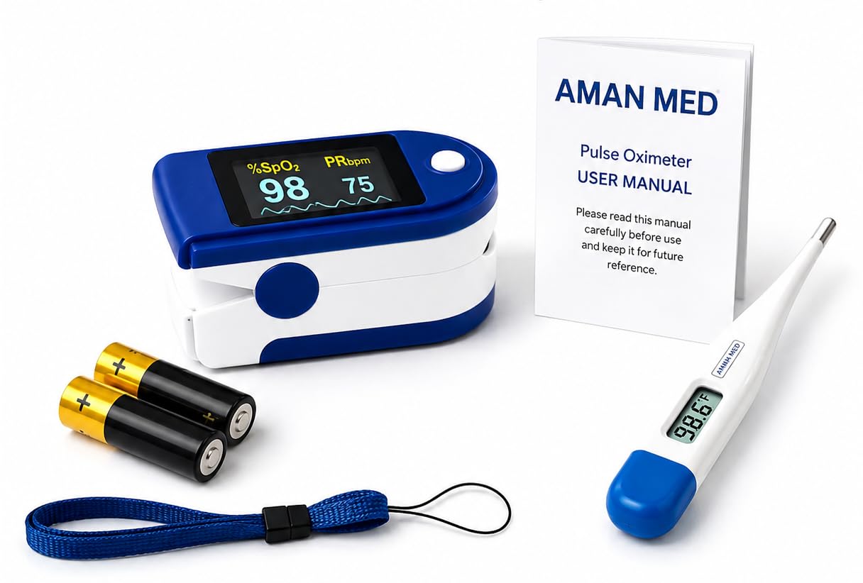 Pulse Oximeter with Digital Thermometer Combo Kit | SpO2 & PR Monitor, OLED Display, Includes Thermometer, Batteries Included, Finger Clip Design-image-0