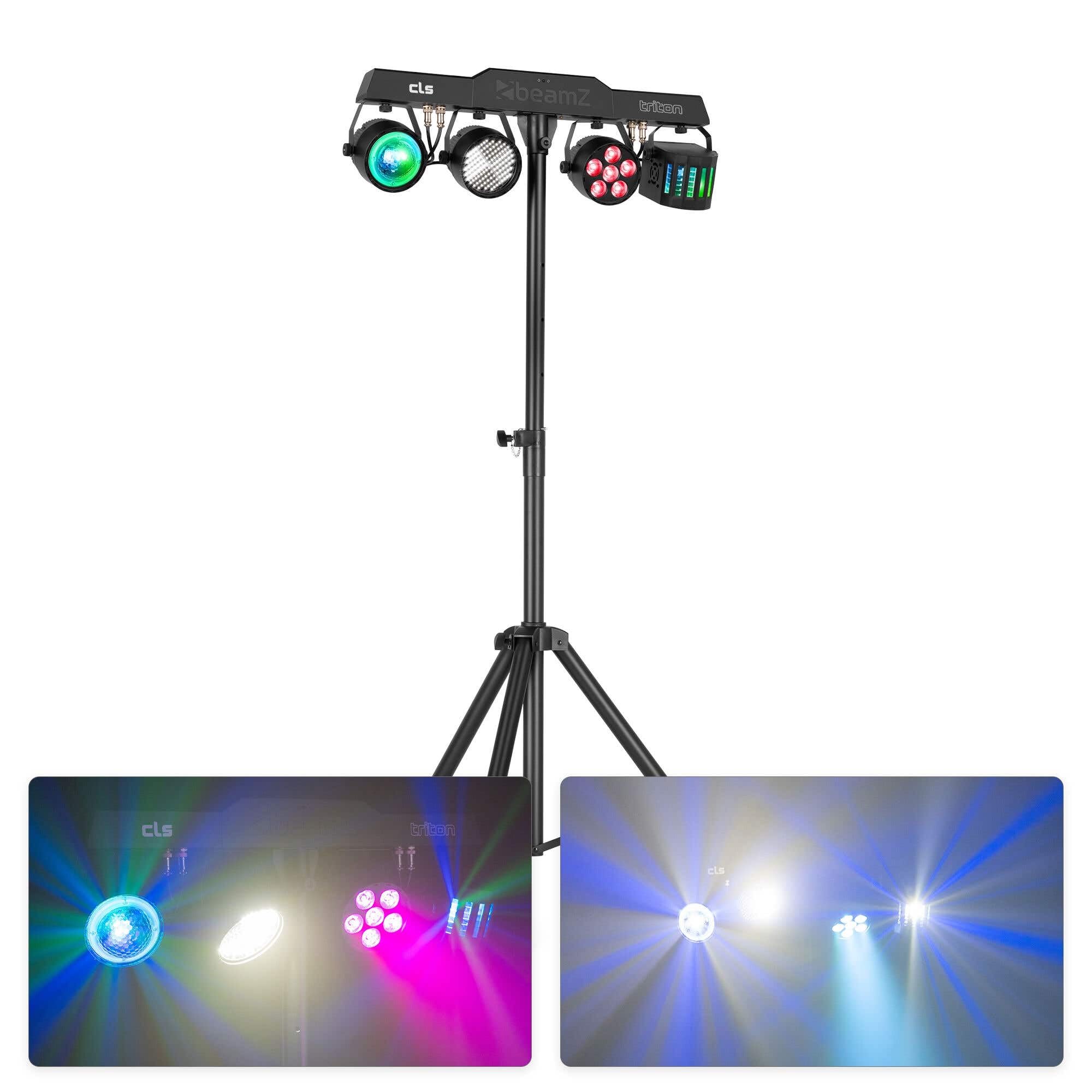 BeamZ CLS Triton Party Bar con par led rgbw, derby, luz estroboscopica y jelly moon, barra led dj con tripode, dmx 512, luces discoteca para casa, luces dj y luces escenario