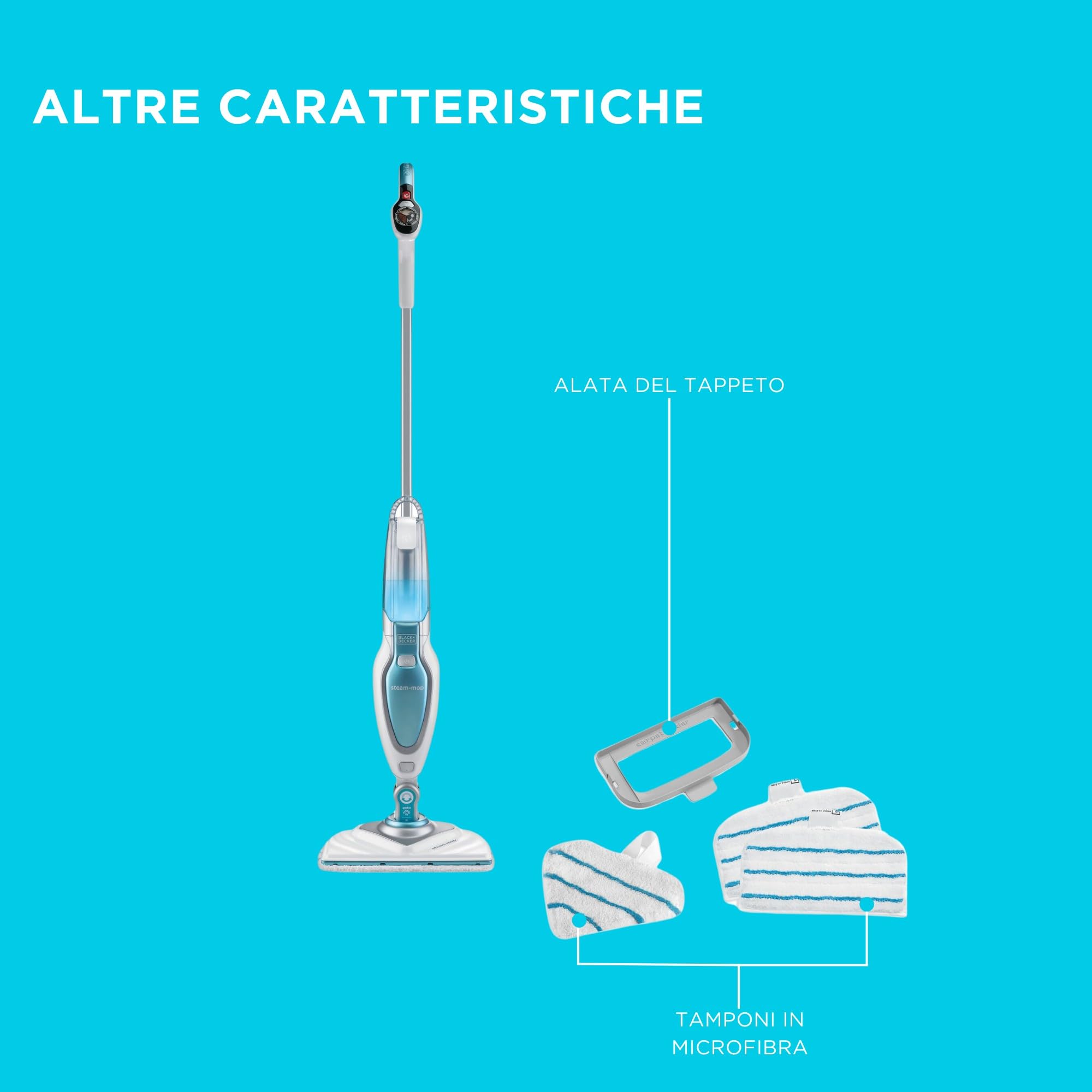BLACK+DECKER FSM1630-QS Lavapavimenti a vapore STEAM-MOP Deluxe con Minitesta Triangolare Lift&Reach, 1600 W, Serbatoio 460ml