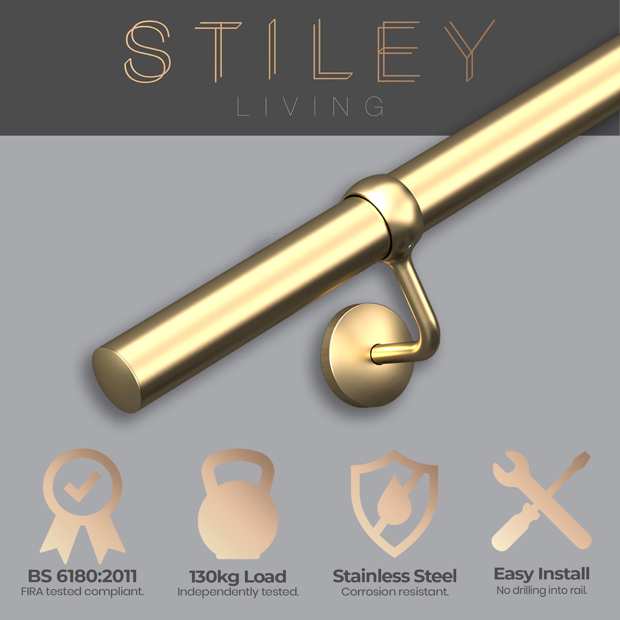 Kit corrimano per scale in ottone, sistema di binari per ringhiere da interni in metallo con staffe e fissaggi, facile da installare, 3,6 m