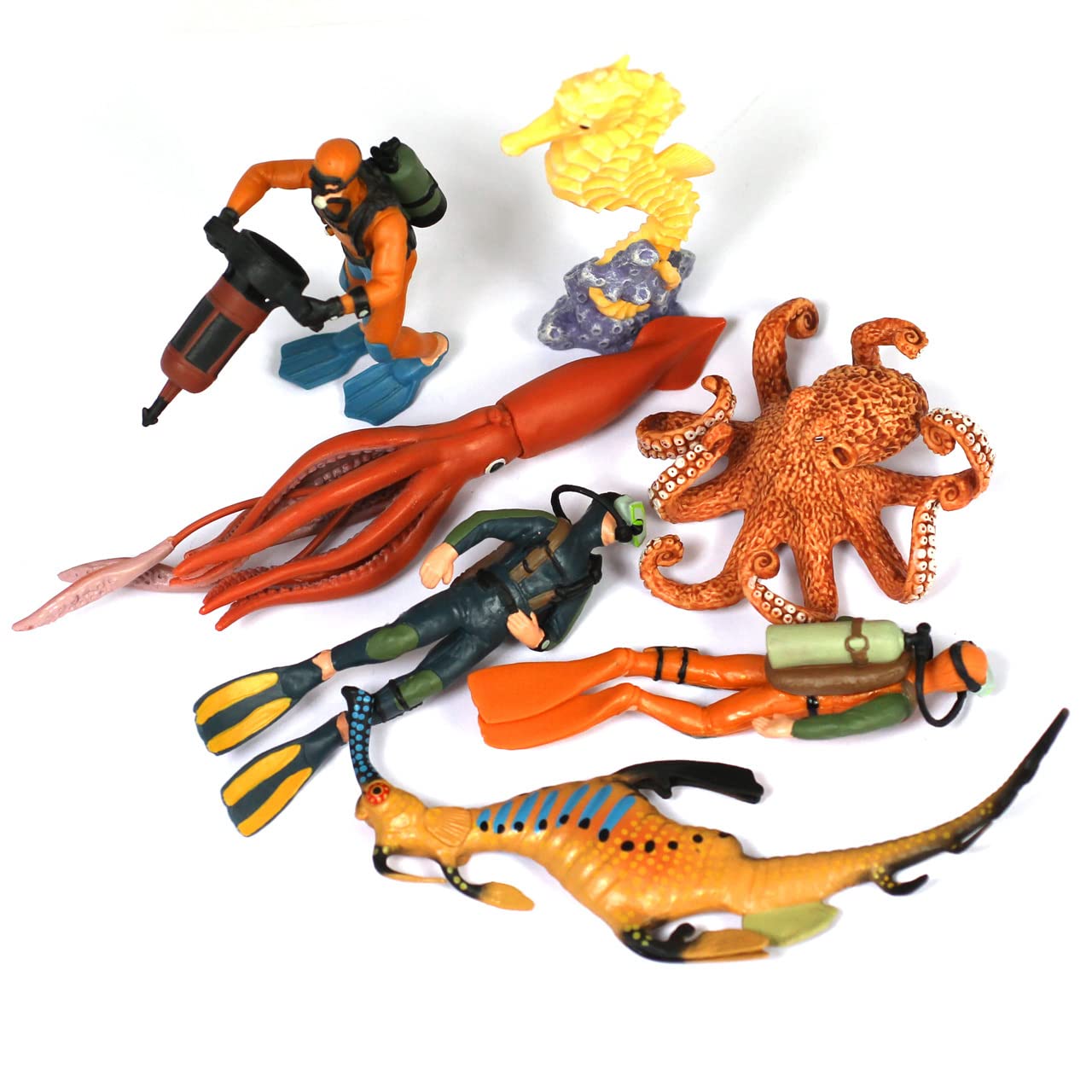 Kids 7PC Ocean World Scuba Divers and Sea Creature Play Figures - Under the Sea Toys & Figures for Toddler and Preschool Children - Octopus & Squid & Seahorse