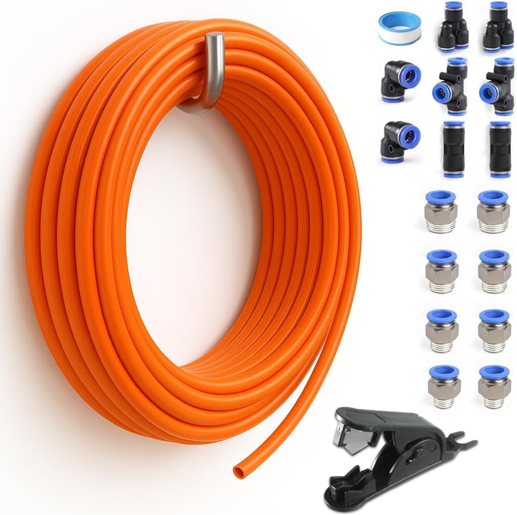 PU Air Line Kit 16mm OD x 12mm ID – 32.8ft Blue Flexible Hose with Push to Connect Fittings, Tube Cutter – Pneumatic Air Tubing Kit for Compressor, Air Tools, Laser Assist
