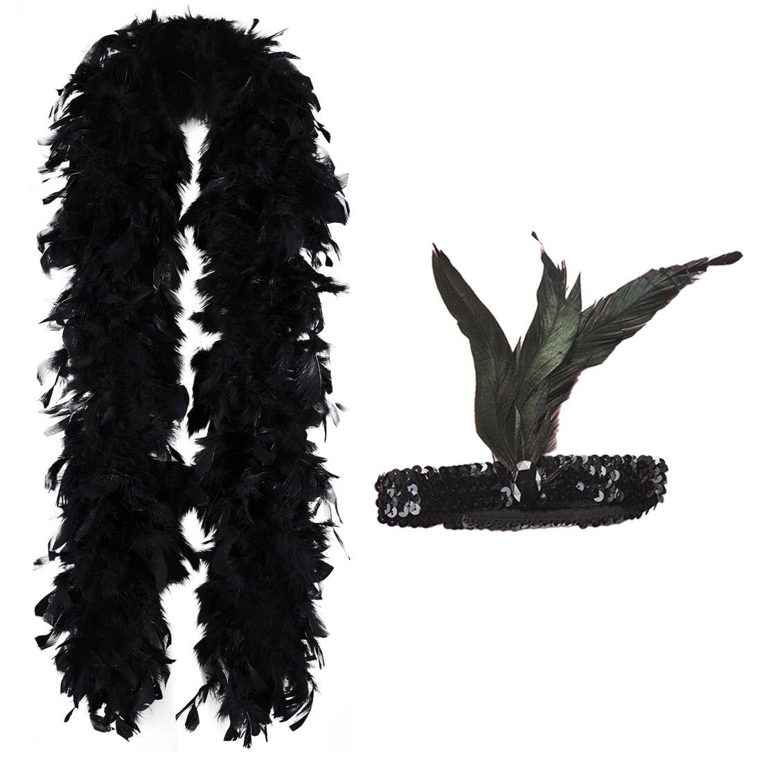 NHQ 2 Pièces Accessoire Annee 20,Boa Plume 2 M Avec Bandeau De Plumes à Paillettes,Plumes Noires,Plume Cape Tour De Cou,Boa De Plumes Moelleuses, Accessoire Carnaval,Boas De Plumes Pour Déguisement