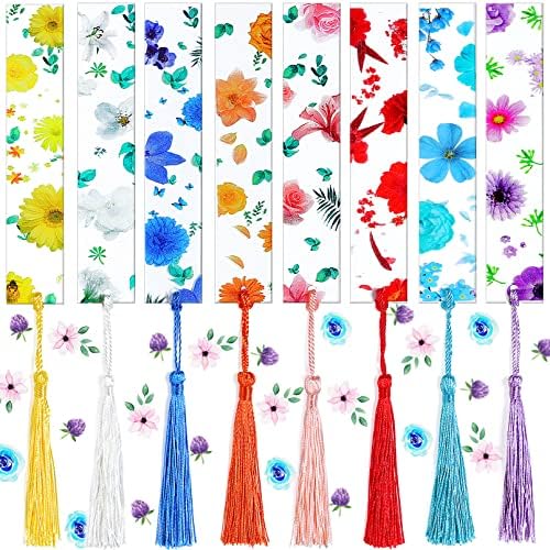 16 Pieces Flower Resin Bookmarks,8 Sets Flower Acrylic Bookmarks,Transparent Floral Bookmarks with Tassels,Floral Resin Bookmarks Colorful Flower Printing Bookmarks for Women Teacher Kids Book Lovers