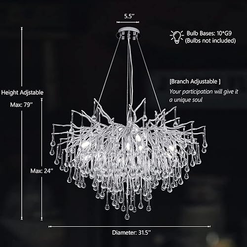 Miniatura 4 de Lámpara de araña de cristal de gota de lluvia plateada de 31.5 pulgadas, lámpara colgante de techo de lujo para sala de estar, vestíbulo, decoración