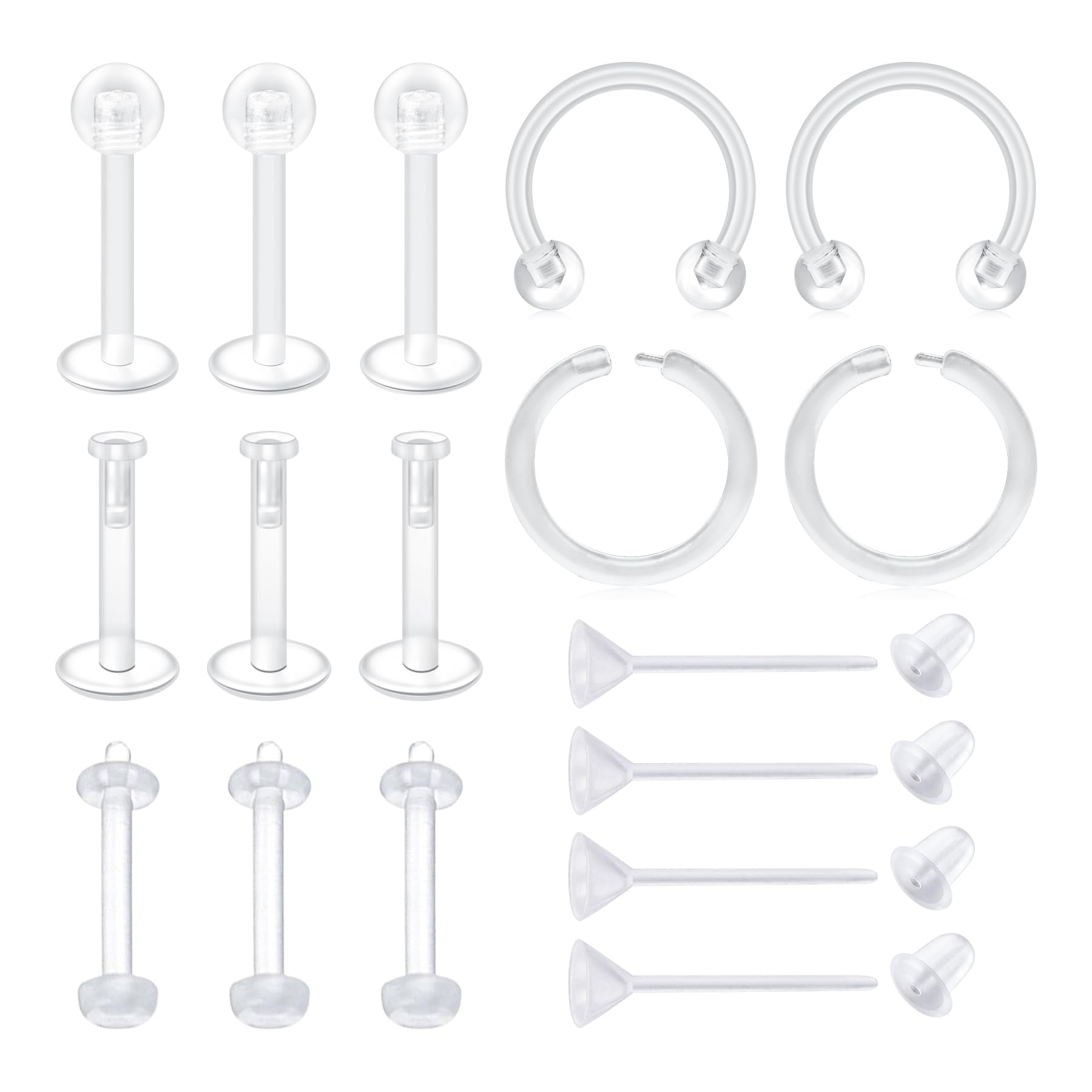 VCMART Clear Earrings for Sports Work Surgery Mix Set Plastic Clear Piercing Retainer Clear Cartilage Helix Tragus Conch Daith Ear Lobe Eyebrow Septum