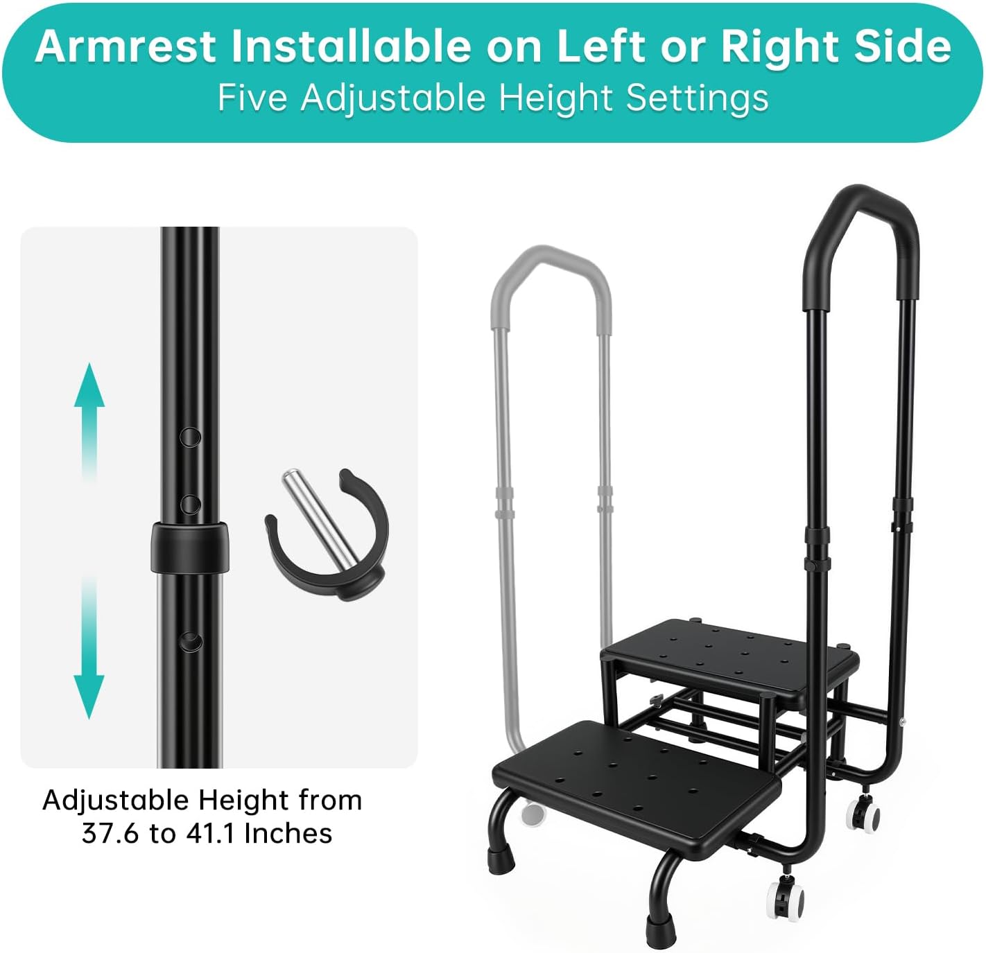 2 Step Stool with Handrail & 2 Casters for Elderly, Bed Steps for High Beds for Adults, Non Slip Platform and Adjustable Handrail, for Kitchen Bathroom RV Bathtub, Assist Rail for Elderly, black