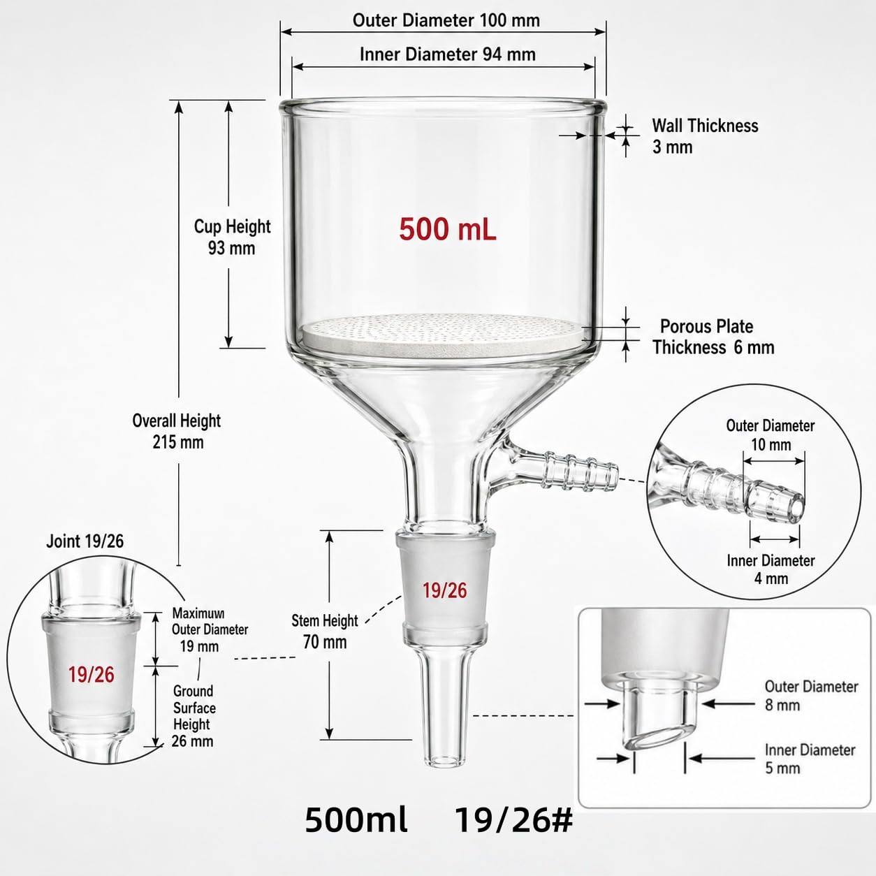 Lejek Büchnera Porowata Płytka Szkło Borokrzemowe Próżnia Lab-19/26# 500ml
