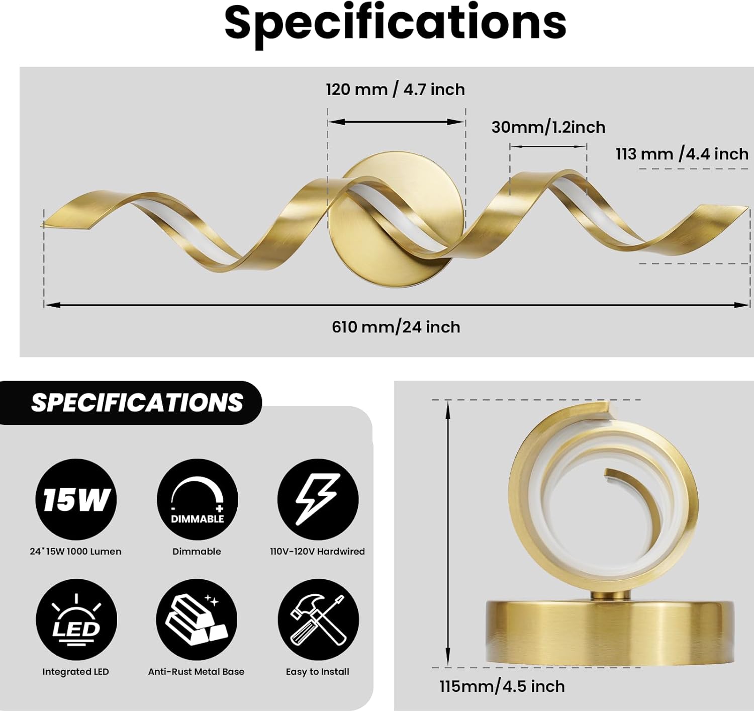 PHIXART LED Modern Bathroom Vanity Light Fixtures, 24 inch Gold Wall Lamp Bedroom 4000K, Spiral Design Wall Sconce for Mirror, Living Room, Bedroom, Hallway 15W Gold 24inch