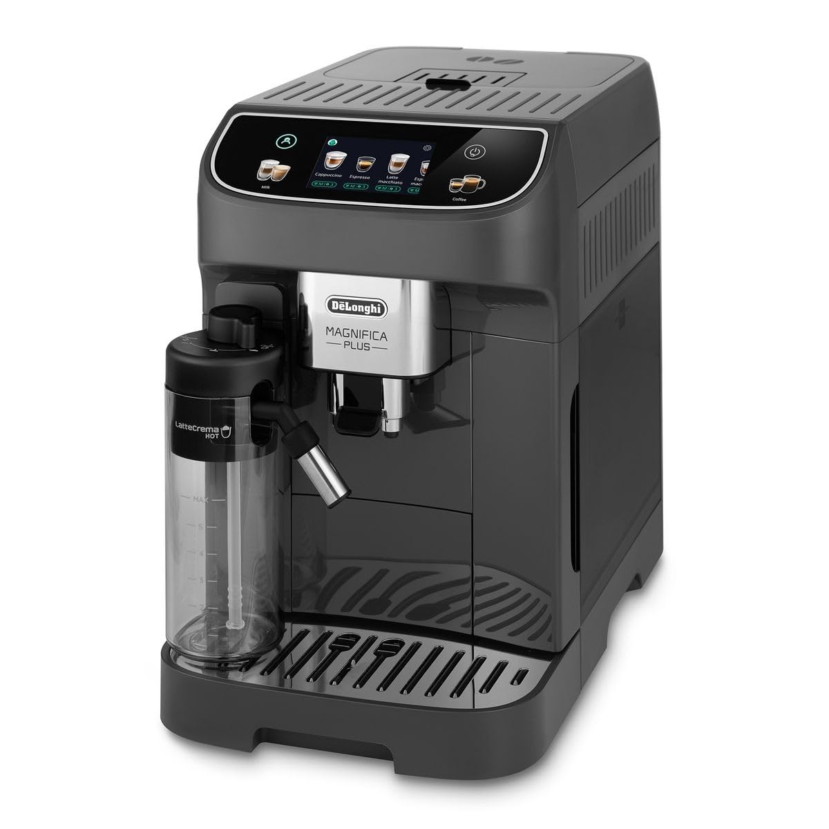 De'Longhi Magnifica Plus ECAM320.61.G, Macchina Caffè Automatica, Sistema LatteCrema Hot per Cappuccino Automatico, 4 Ricette, Display Colorato Soft Touch, Funzione Extra Shot, Funzione x2, Grigio