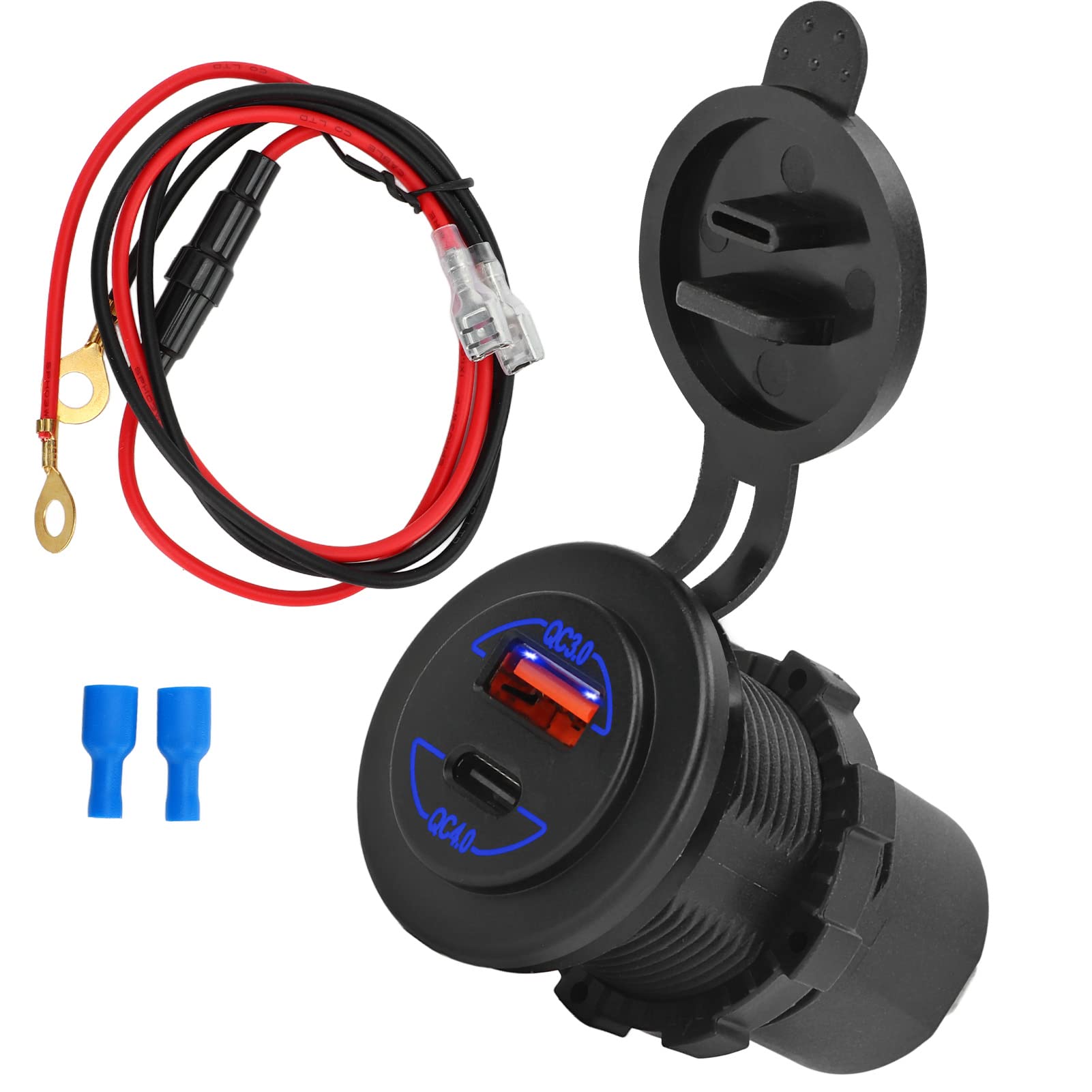 Caricatore a porta USB per auto Grcfumo, ricarica rapida da 12 a 24V 60W con terminale blu, adattatore di accendisigari per motocicli per barche per (Caricatore con cavo 60 cm/23.6in)