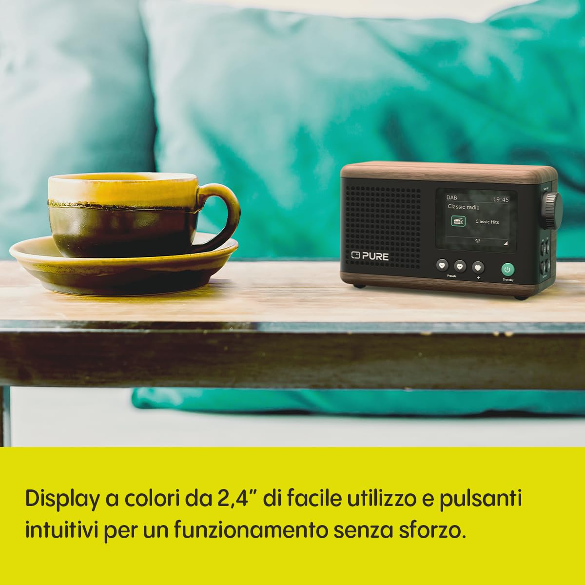 Pure Classic Mini Radio Digitale Portatile DAB+ e FM con Bluetooth 5.3, Batteria da 15 ore, Schermo a colori da 2,4", Cinghia di trasporto, Nero Caffè/Noce, Compatto e leggero