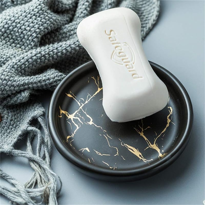 Image of Ceramic Bath Accessories Set of 3 (Luxe Black) - 400ml Soap Dispenser, Tumbler & Soap Dish, Black with Gold Marble Design, Bathroom Countertop Organizer for washbasin