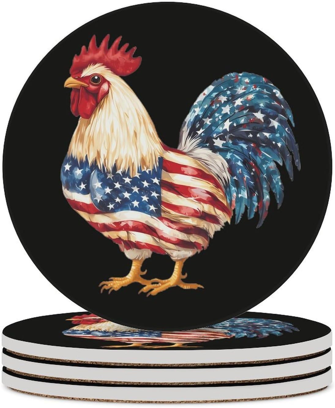 Cute Rooster in U.S.A. Flag Pattern Round Ceramic Coasters for Drinks Absorbent Cup Holder Tabletop Protector with Cork Base