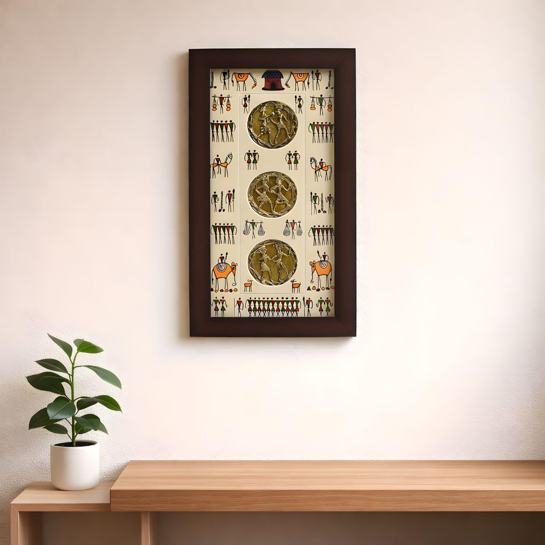 Tarang Arts Warli Art Tribal Wall Hanging Frame with Dhokra Metal Medallions, Traditional Indian Folk Art Decor, Dark Brown Wood Frame, 3 Brass Circles 1