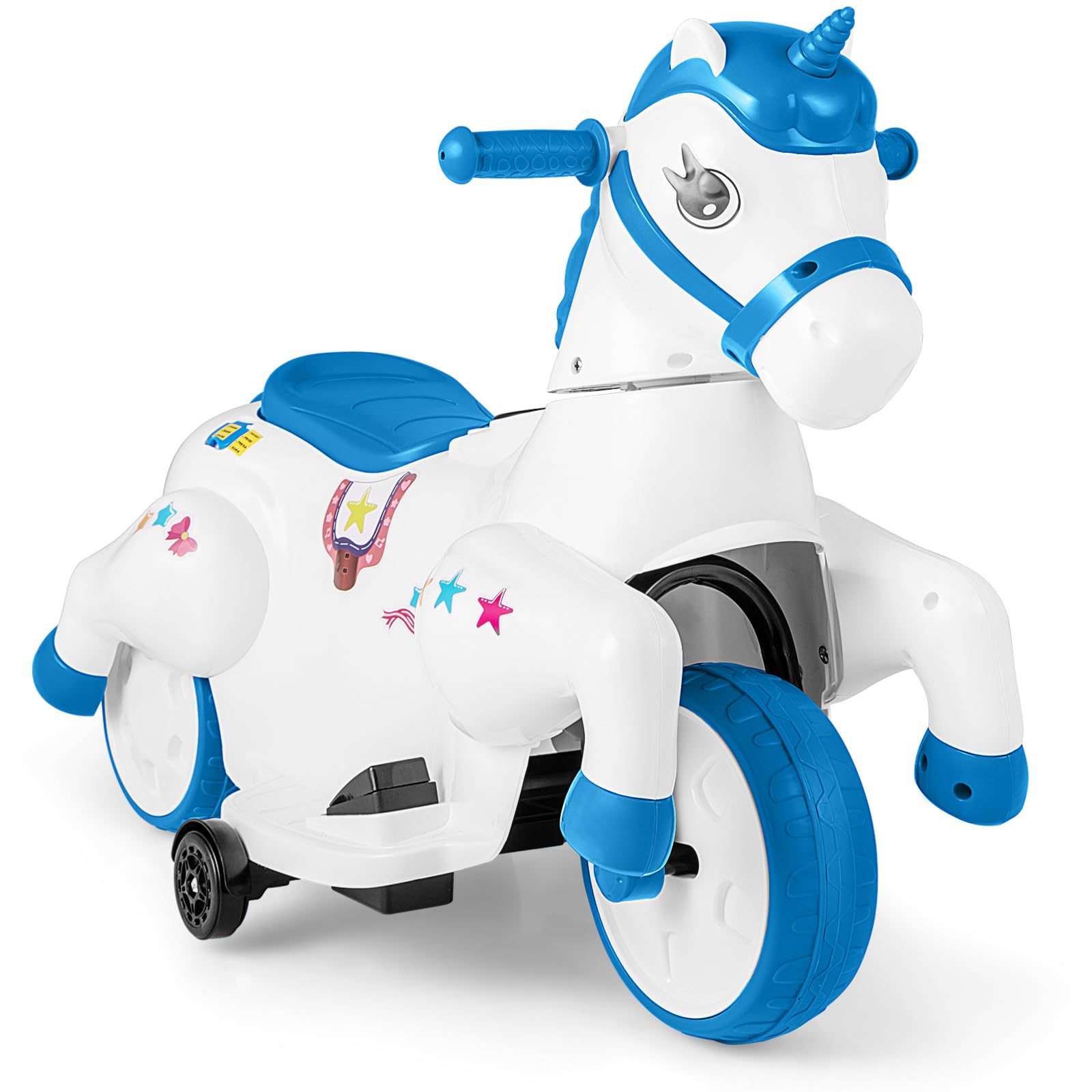GYMAX Auto Cavalcabile Unicorno 12V, Veicolo Elettrico per Bambini con Funzione Altalena, Auto Elettrica con Ruote di Supporto, Musica e Indicatore di Batteria, per Bambini dai 3 Anni, Rosa/Blu (Blu)