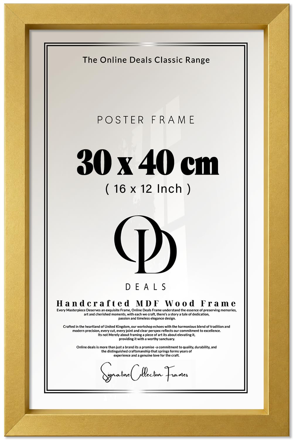 OD Deals — Rectangle Contemporary Engineered Wood Grain Poster Frame (30 X 40 CM) | 16 X 12 Inch Portrait And Landscape Display With Clear Styrene Sheet For Wall And Tabletop — Gold