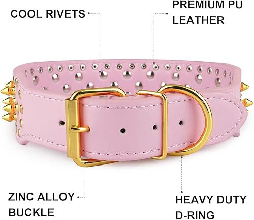 Miniatura 3 de Collar ancho de perro con púas doradas, collares de cadena para perro Epesiri, collares de perro de piel sintética con remaches de hongos, collar