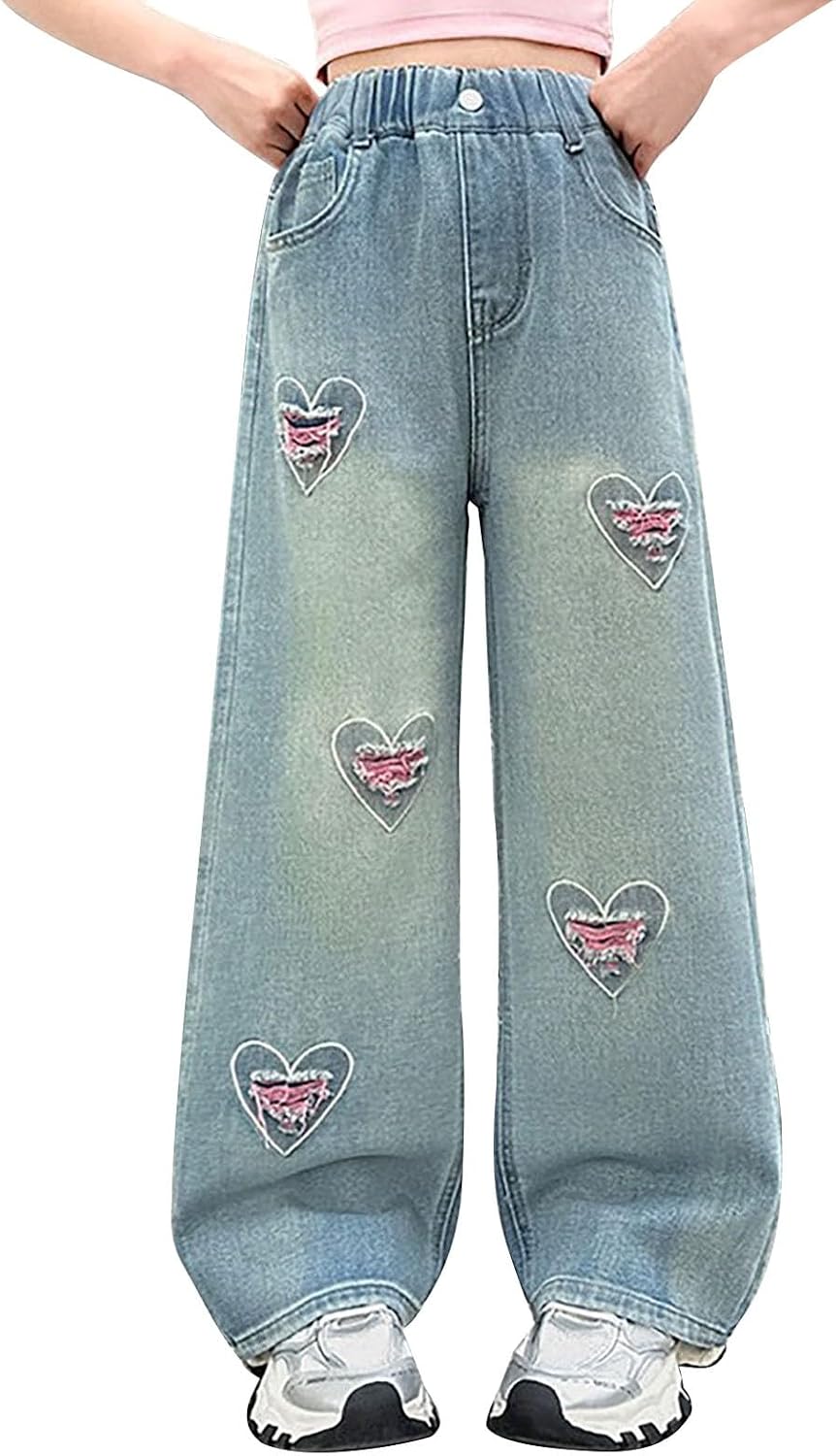 Baggy Jeans for Teen Girls Cute Heart Wide Leg Ripped Y2k Denim Pants Spring Fall Casual Loose Fit Elastic Waist Pants