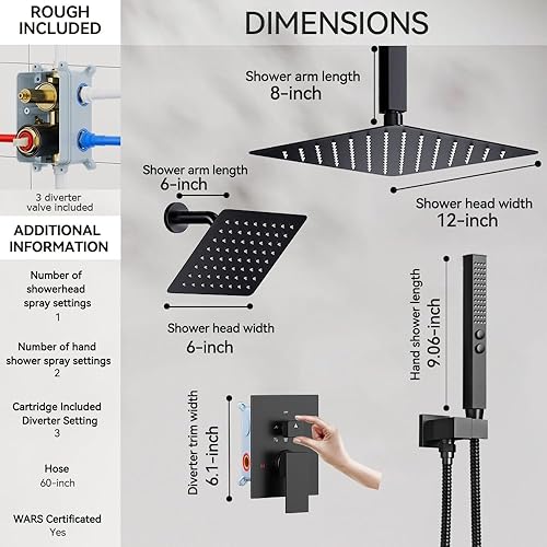Miniatura 5 de Juego de grifo de ducha, sistema de ducha de lluvia de 12 pulgadas con soporte de mano y techo de 6 pulgadas, cabezal de ducha de lluvia de 6