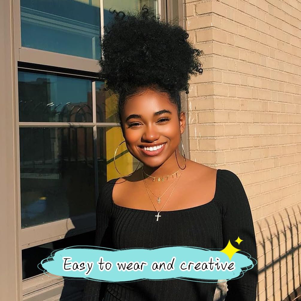 Afro Puff Drawstring Ponytail Extension Short Afro Wigs Curly Bun Hair Pieces For Women Clip On Kinky Curly Synthetic Hairpieces Natural Black 1B