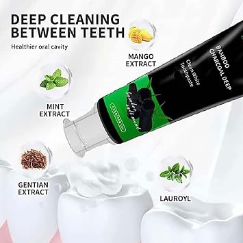 Kicklo Bamboo Charcoal Teeth Whitening Toothpaste, Activated Charcoal Teeth Whitening Toothpastes, Natural Tooth Whitenings Toothpastes, Tooth Stain Removal, White Toothpaste for Tooths Cleaning (2)