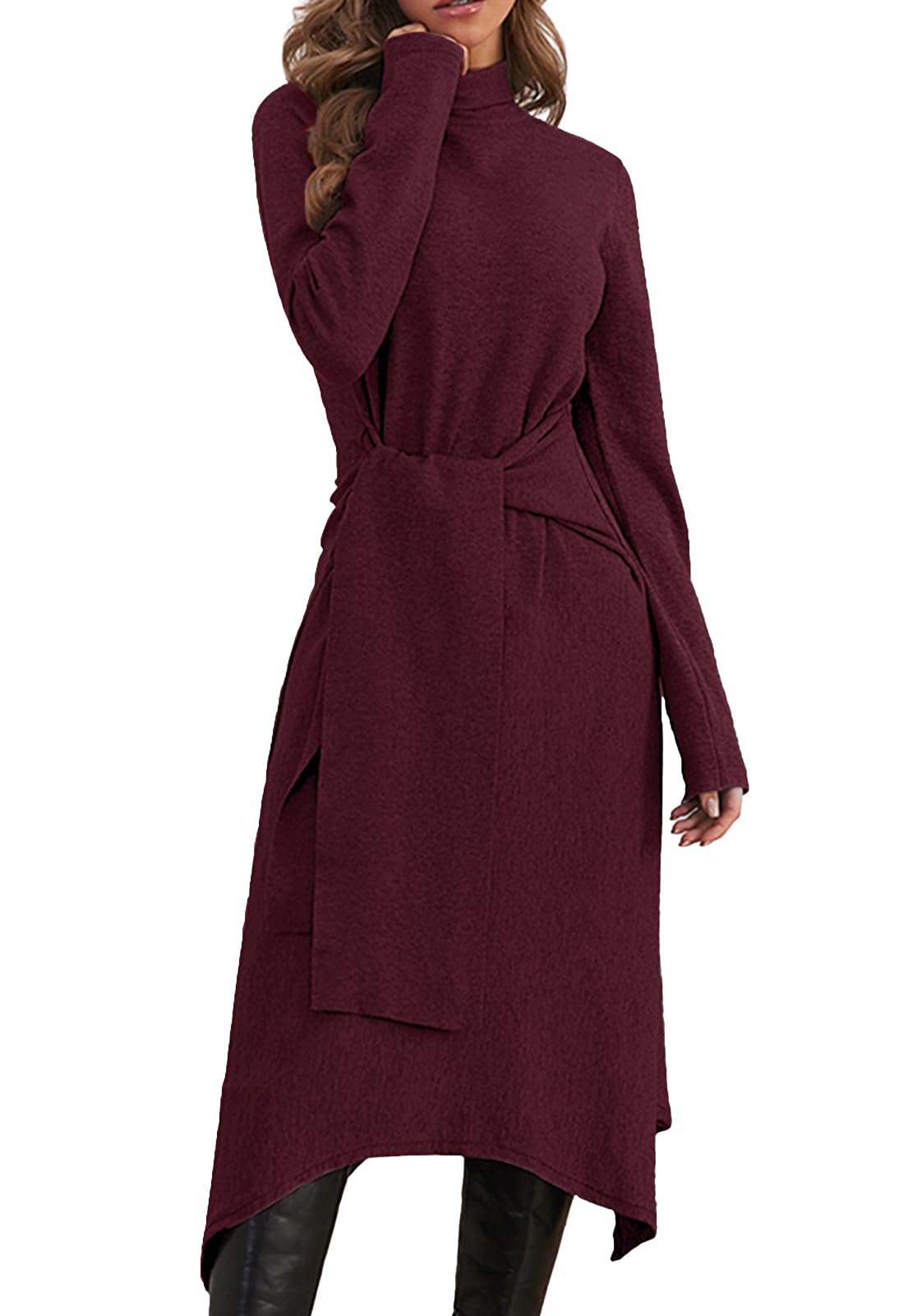 Jayscreate Womens Fall Sweater Dress 2023 Long Sleeve Midi Tie Front A-Line High Waist Winter Business Casual Dress