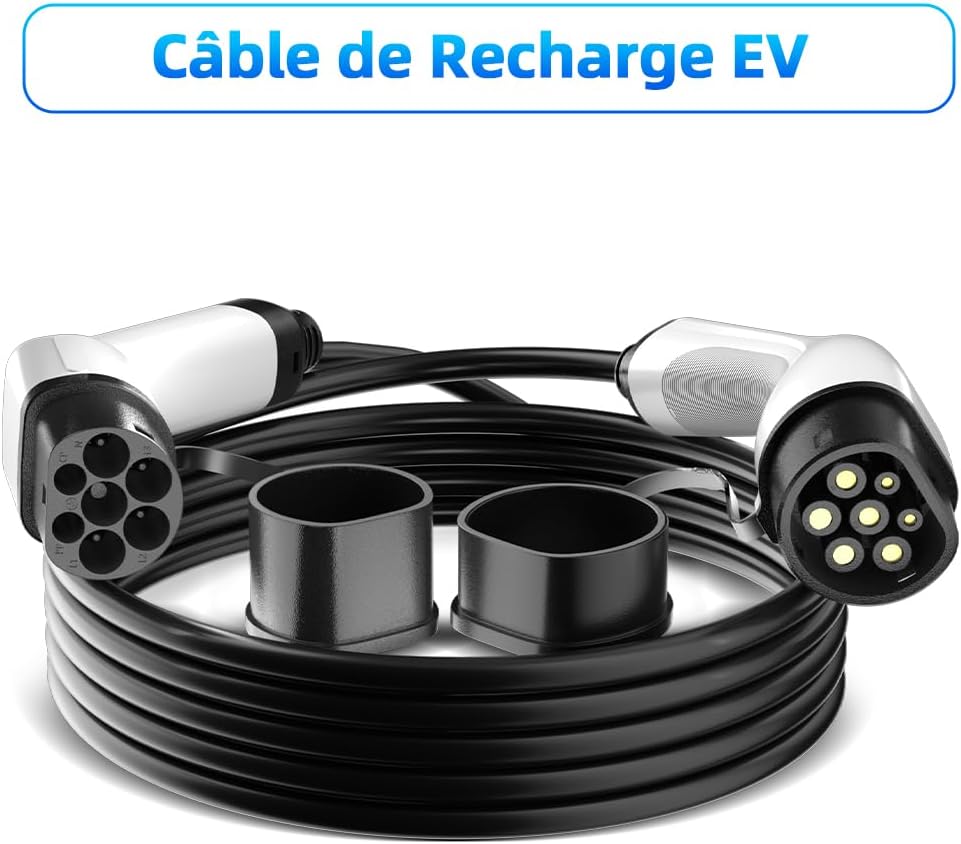 JATRHG EV charging cable coiled with protective caps on both Type 2 connectors.