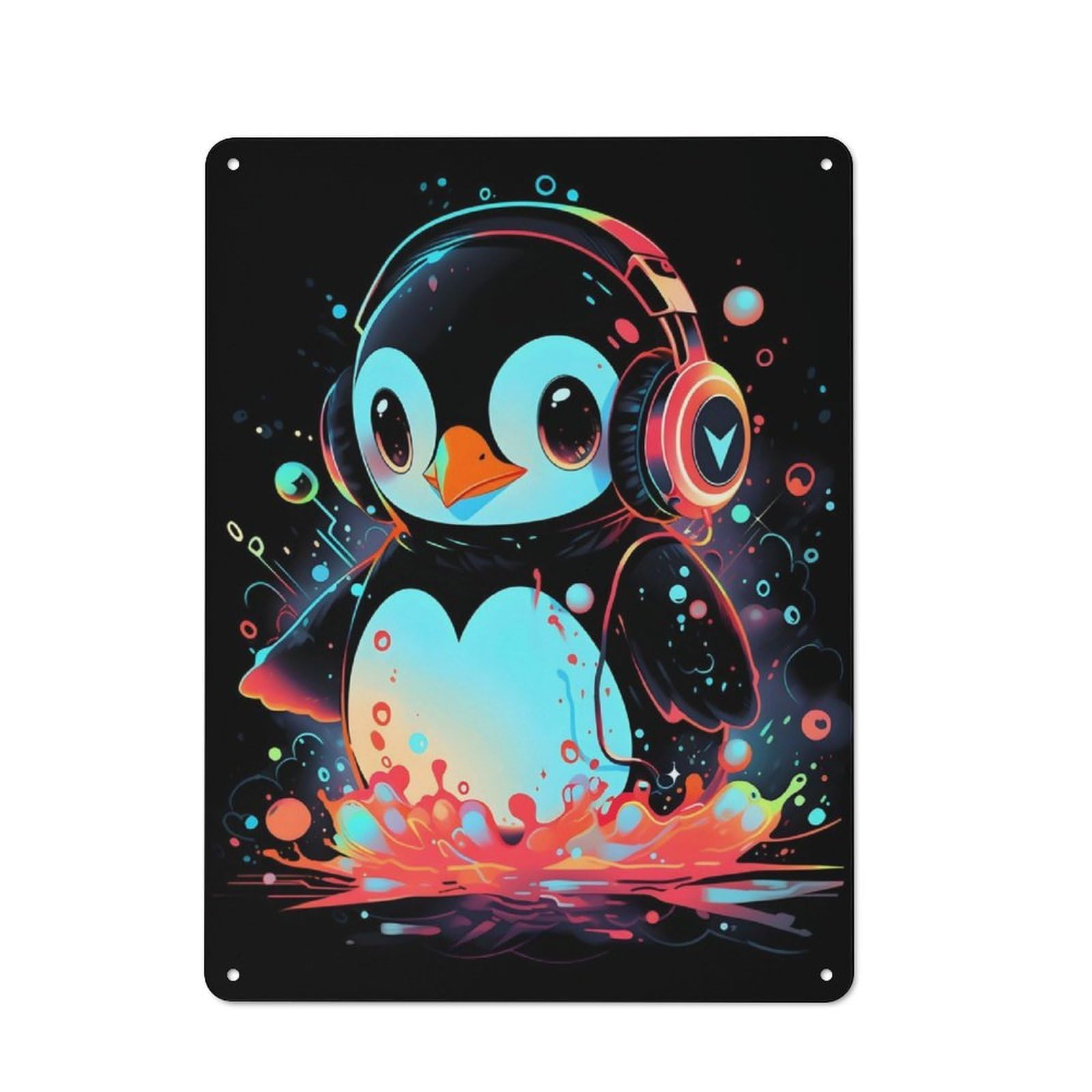 Junmoney Epic Penguin Headphones Retro Printed Metal Sign 40X30cm For Garage Or Workshop, For Garage, Workshop And Man Cave Decoration