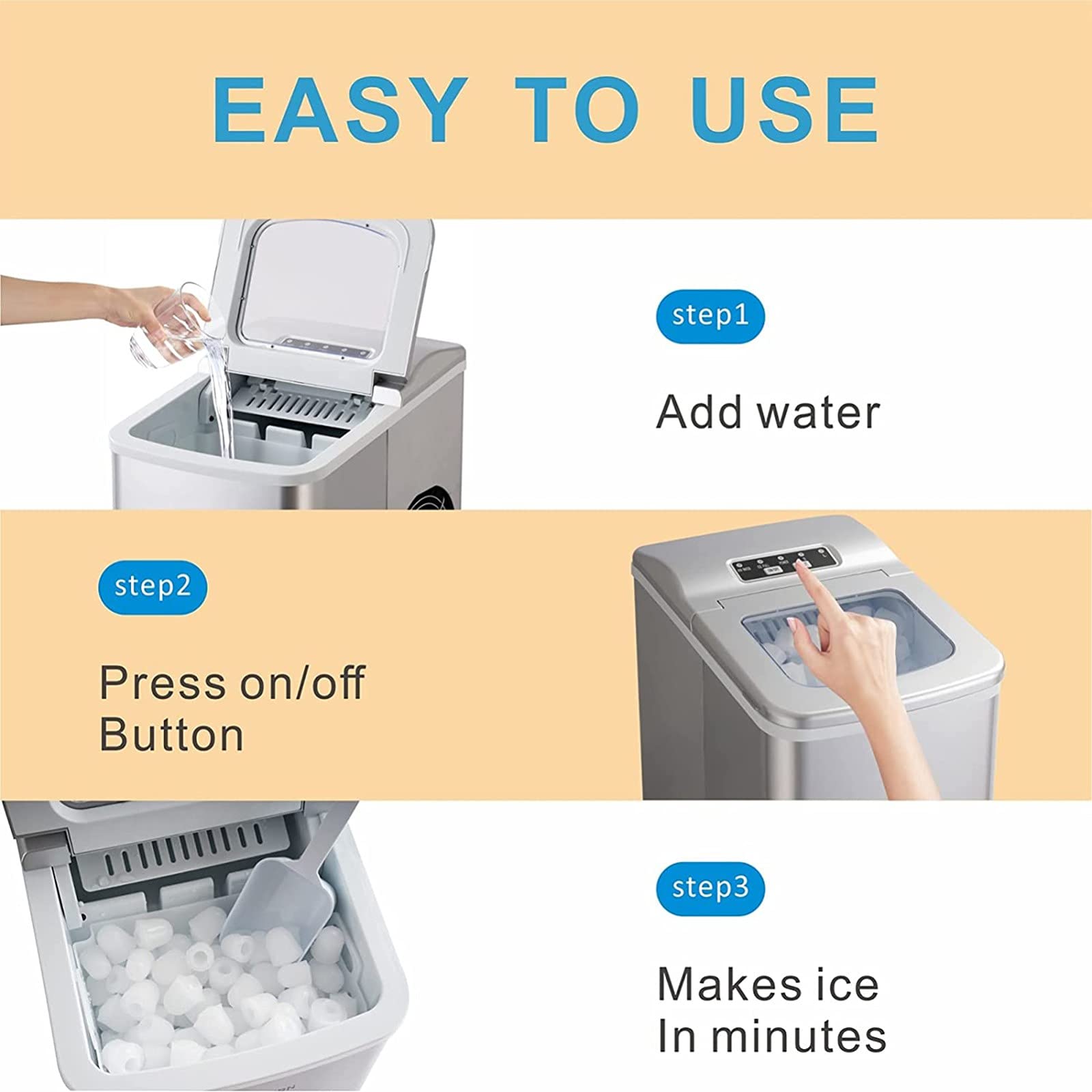 Portable Ice Maker Machine for Countertop Automatic 33Lbs in 24 Hours Compact Ice Cube Maker 9 Cubes Ready in 8 Mins with Scoop and Basket for Home Kitchen Office on Fridge.com