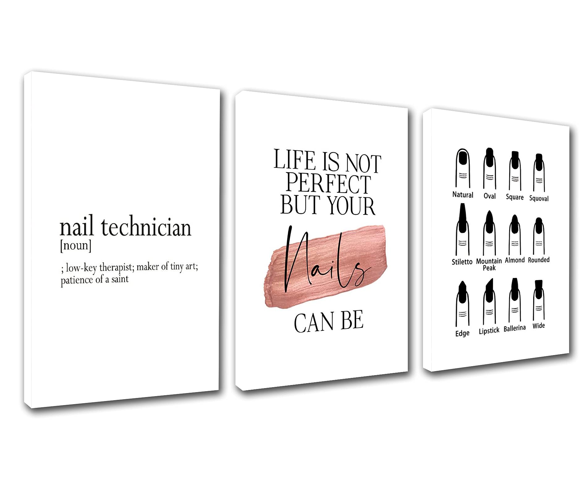 Home Decorations for Living Room Nail Technician Pictures Simple Fashion Black White Paintings 3 Panel Canvas Beauty Shop Wall Art Modern Artwork Framed Gallery-Wrapped Ready to Hang(42x20inches)