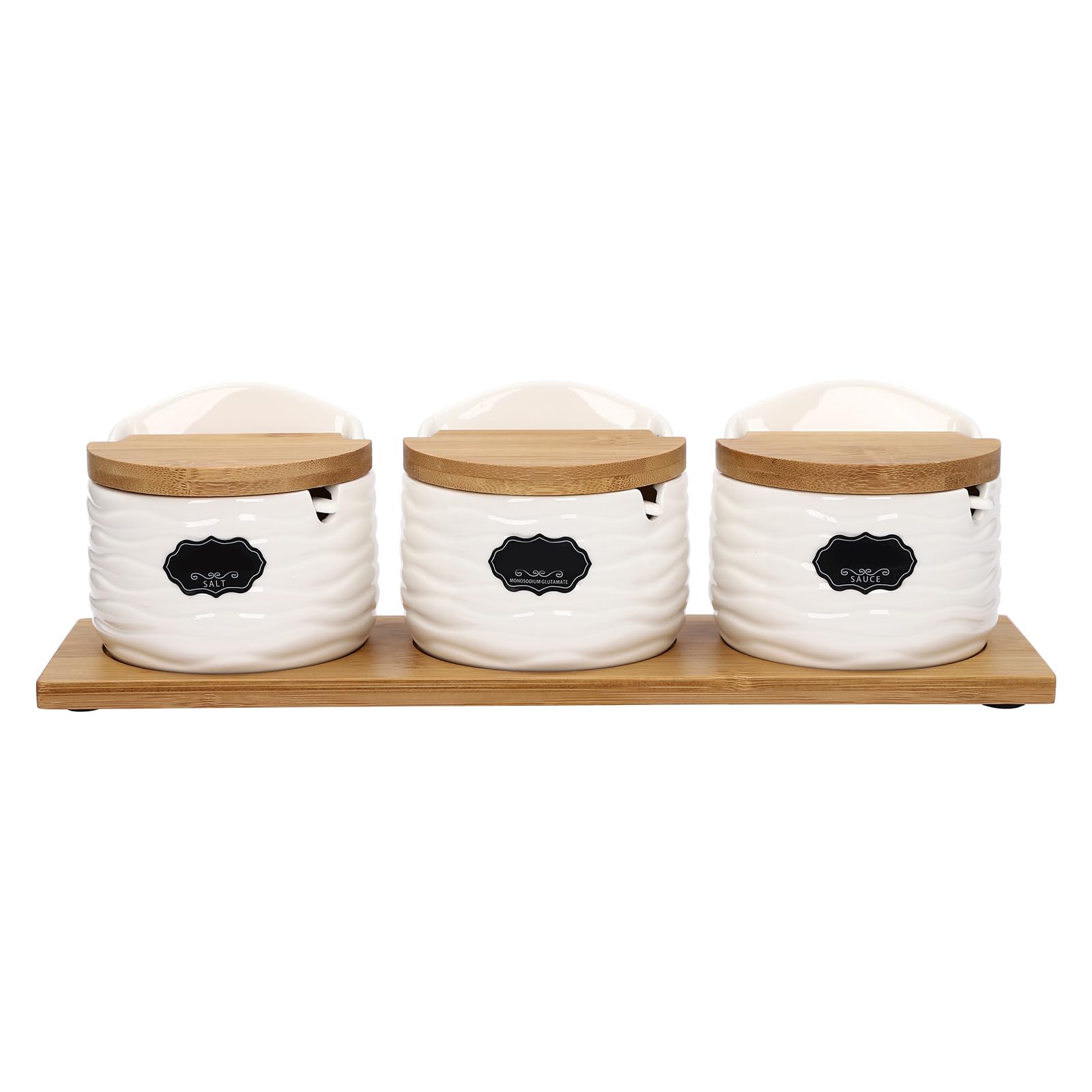 HongKKon Kitchen Spice Jar,3 Pcs Spice Container,Ceramic Spice Jars With Bamboo Lids And Sugar Spoons 9 Label Stickers,Spice Box Suitable for Storing Sugar, Salt, Sauces, Vinegar
