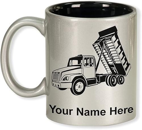 LaserGram Taza de café redonda de cerámica de 11 onzas, camión volquete, grabado personalizado incluido (plateado)