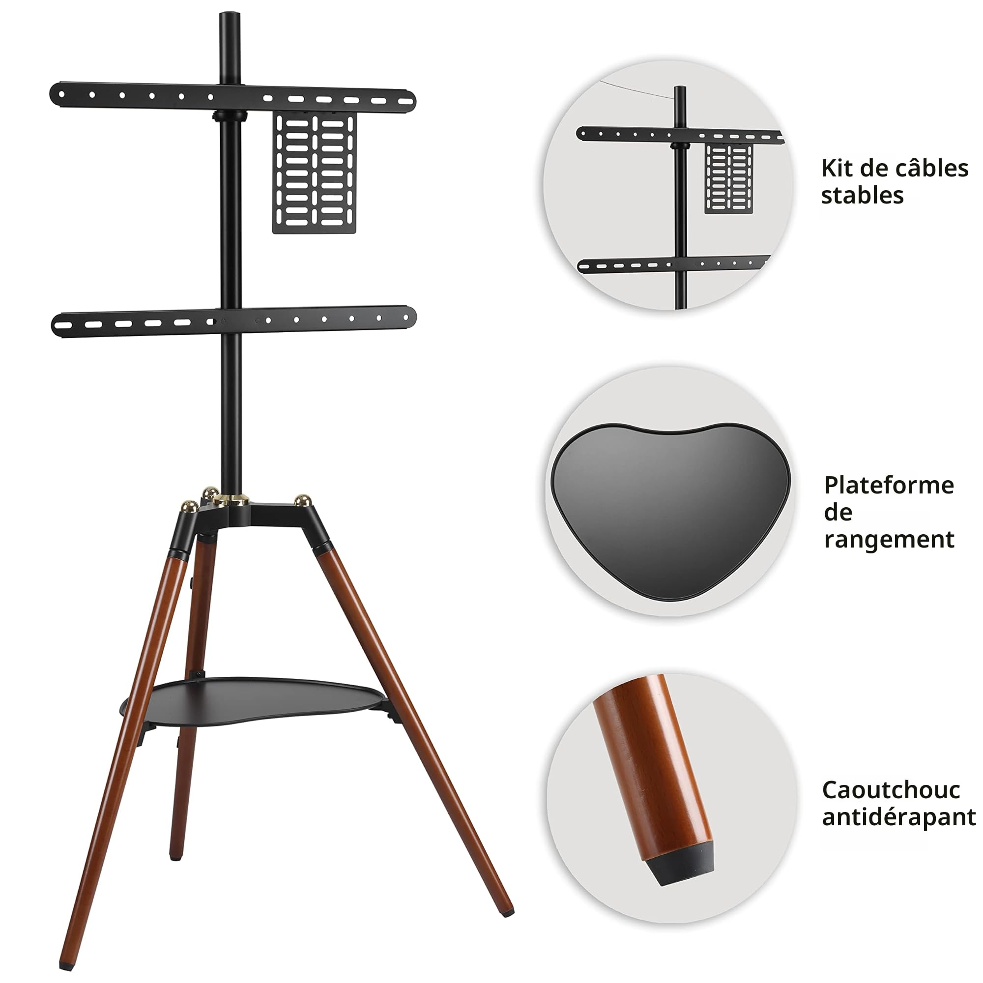 ETHU Support TV Trépied Bois 32-65" jusqu'à 40kg, Pied TV Design Scandinave Pivotant ±70° Hauteur Réglable, Support TV Chevalet Bois Marron avec Étagère Cœur, sans Percer