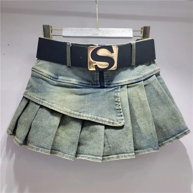 Women's Denim Skirt Solid Color Asymmetric Folds Retro A-Line High Waist Belt Short Mini Skirts3