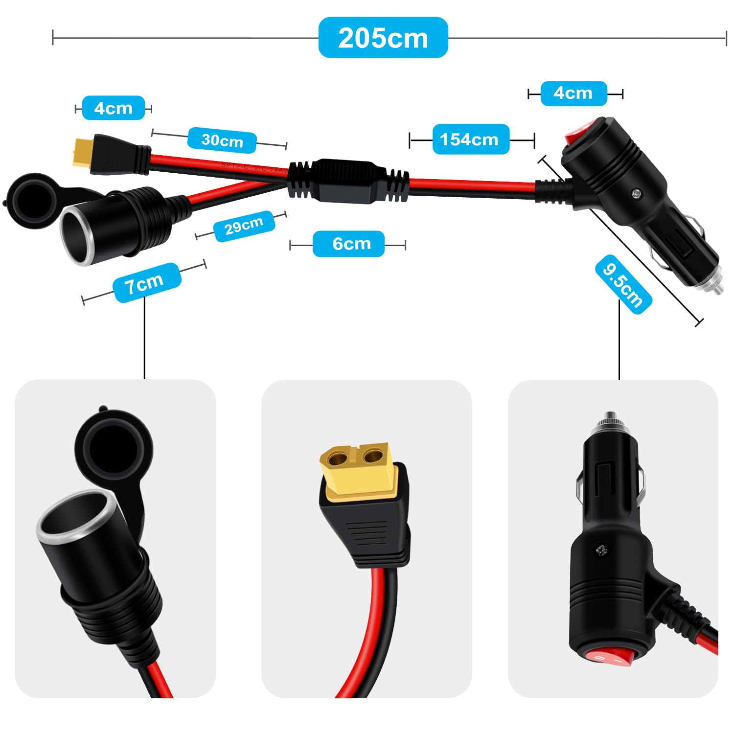 Kabel do Zapalniczki Samochodowej do XT60 12V Przedłużacz do Zapalniczki Samochodowej z Przełącznikiem 14AWG Kabel Zasilający do ładowarki Samochodowej, Samochodu, Paneli (2 m/6.5 stóp)