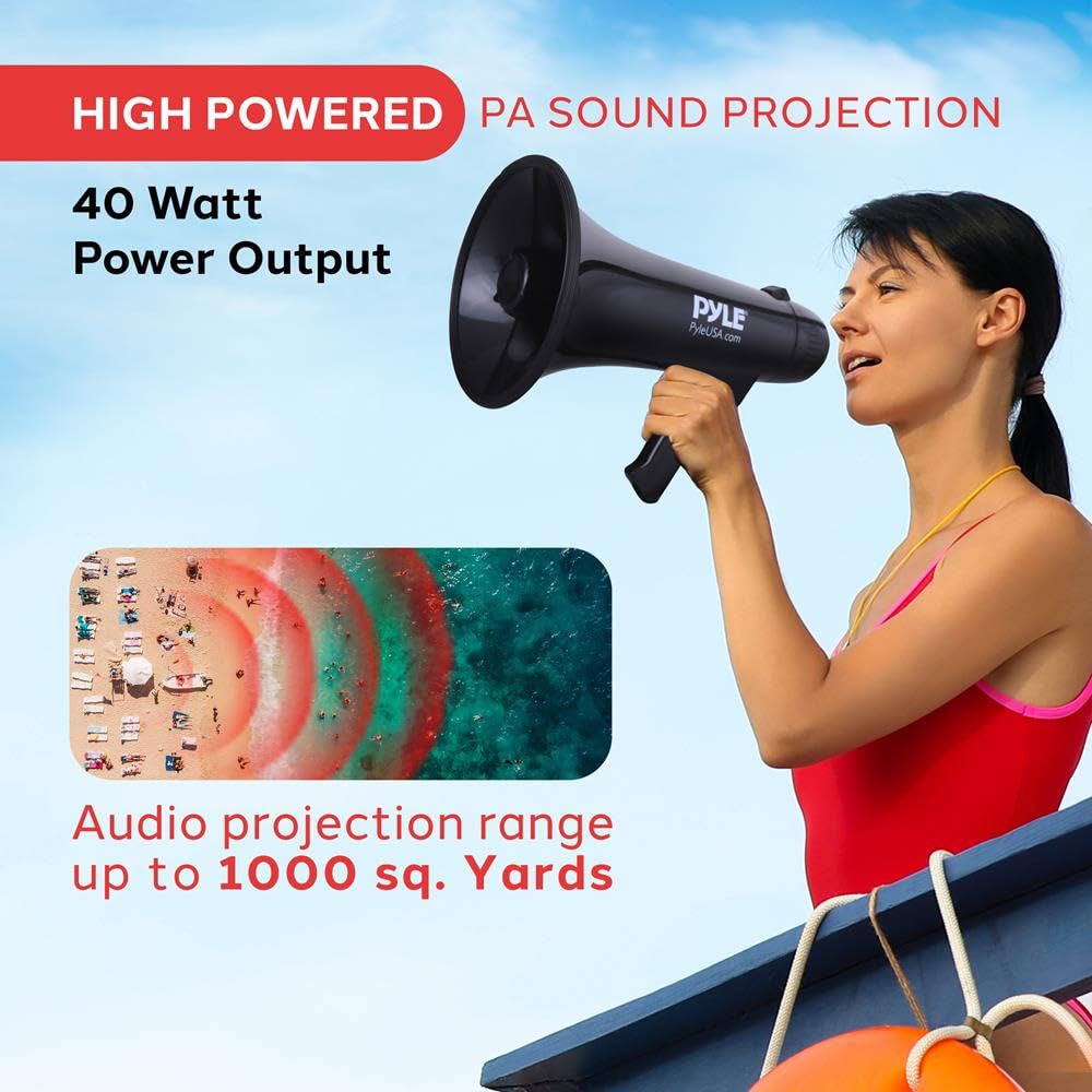 Pyle Altoparlante megafono ricaricabile da 50 W, a forma di corno forte con sirena, volume regolabile, portatile, Mega telefono per allenatori, insegnanti, eventi, sport e uso all'aperto