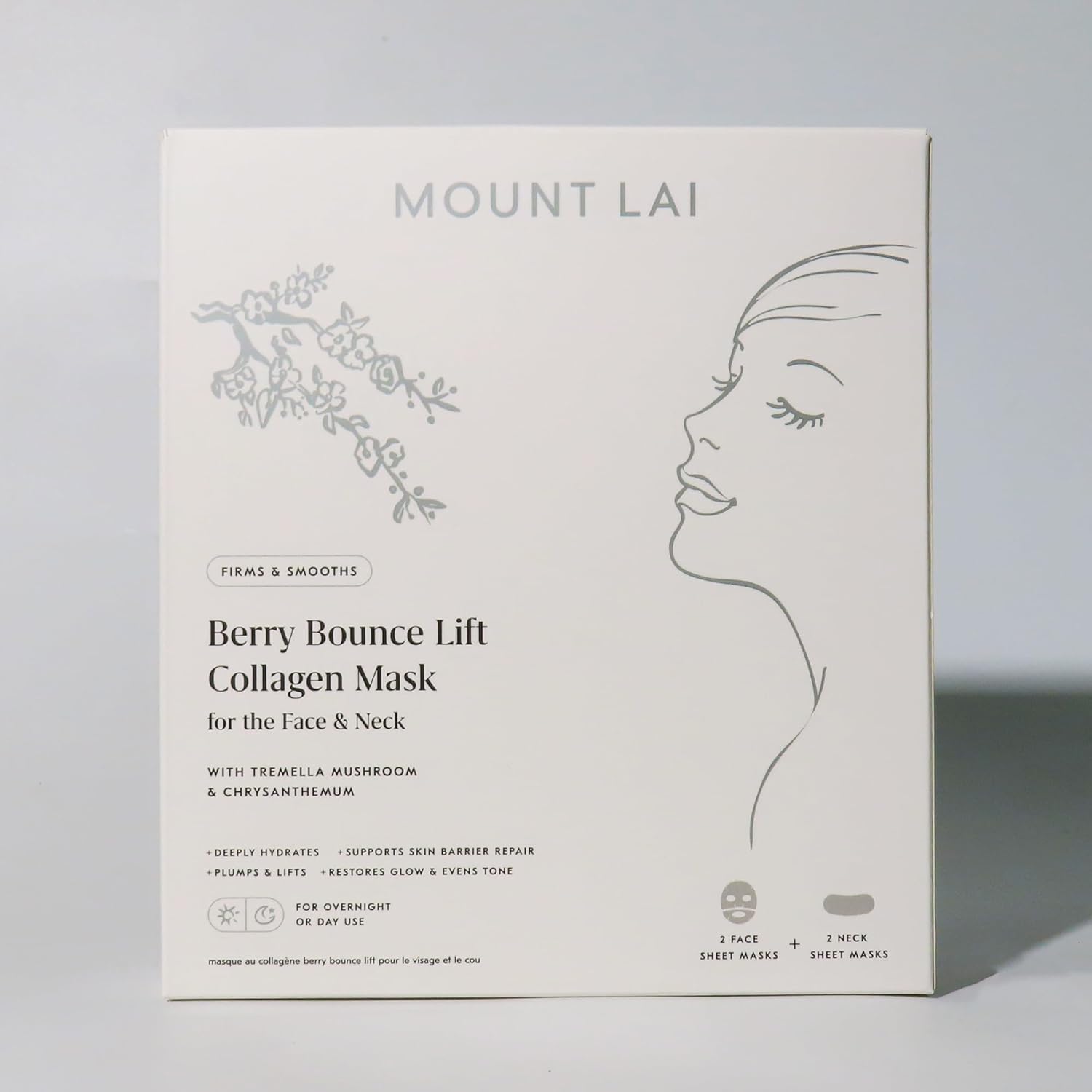 Mount Lai Berry Bounce Overnight Face and Neck Lifting Collagen Mask - 4 Pack with Hyaluronic Acid, Tremella Mushroom & Goji Berry for Plump, Firm Skin Appearance from Face to Decolletage