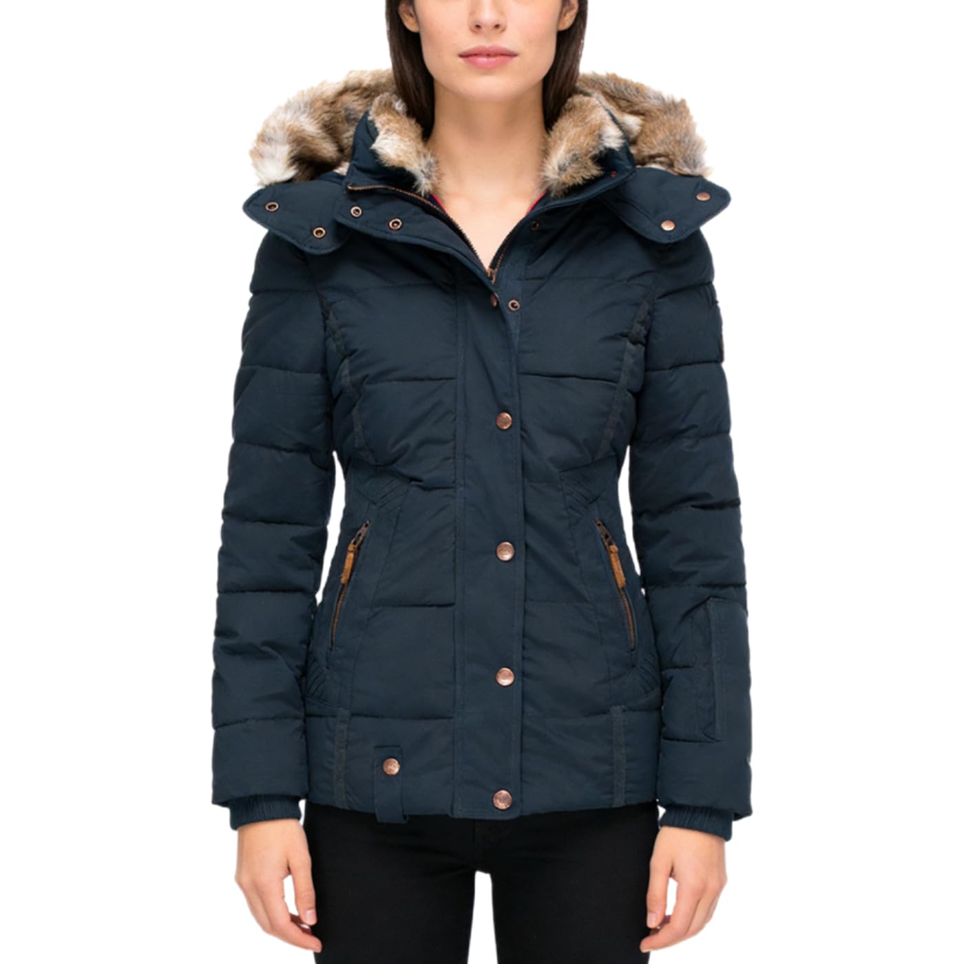 HHMY Winterparka voor dames, gevoerd, warme teddyvoering, buitenjas, trenchcoat met capuchon van imitatiebont, lange mouwen, dikke jas met capuchon, getailleerde gewatteerde parka-jas, S-XXL, Zwart, S