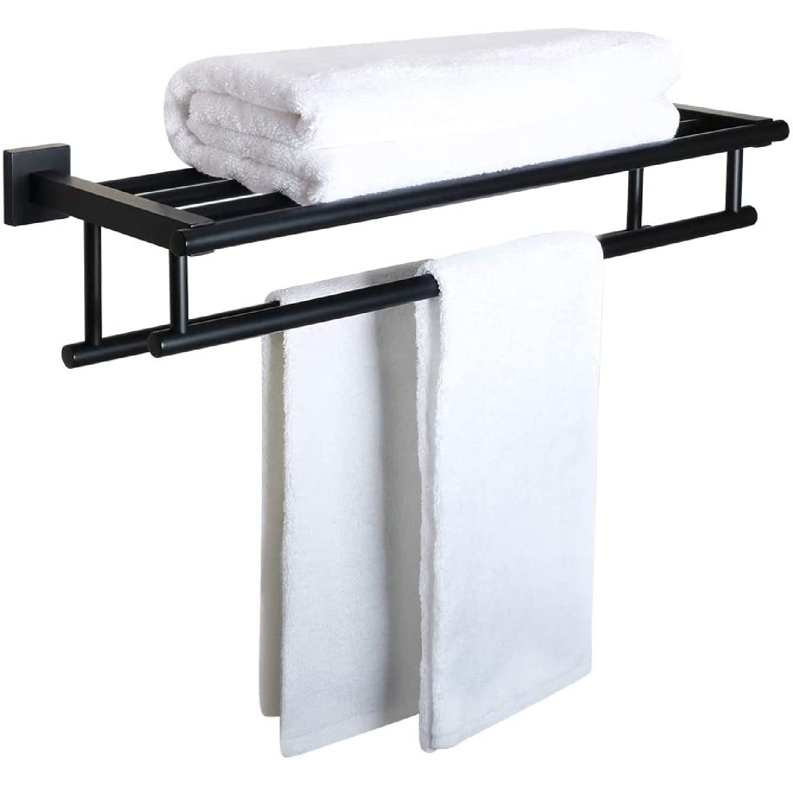 BEAUTYMISC Multifunctional Towel Rack Bathroom Lavatory Towel Rack Towel Shelf with Two Towel Bars Wall Mount Holder,24-Inch SUS 304 Stainless Steel Matte Black